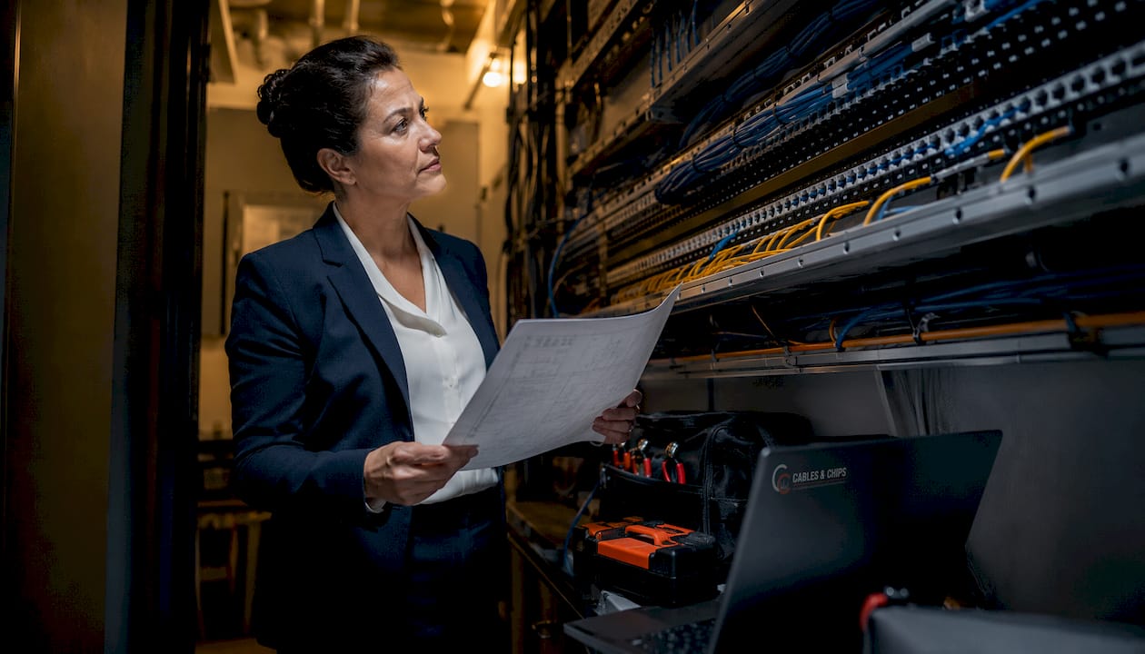 Property manager inspecting building cabling infrastructure