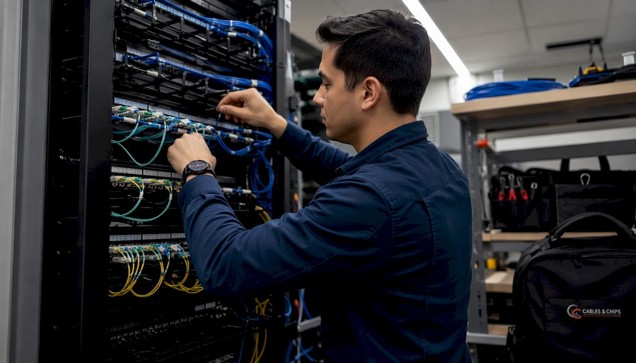 Technician organizing fiber and Cat6A cables