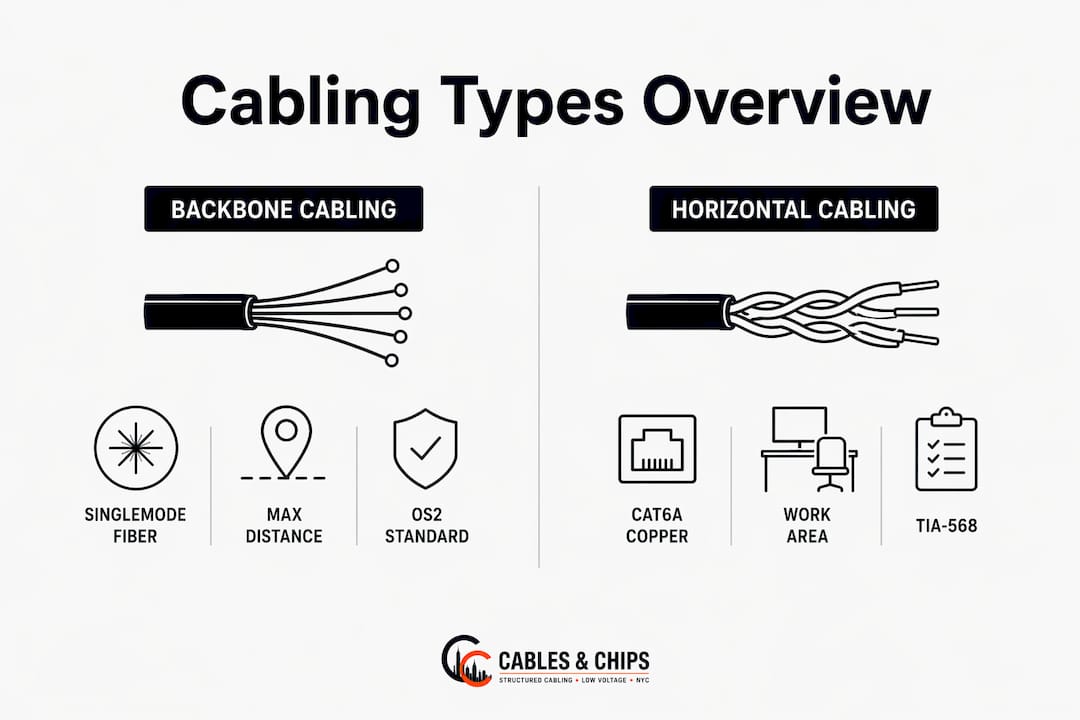 Infographic comparing backbone and horizontal cabling types in multi-tenant buildings