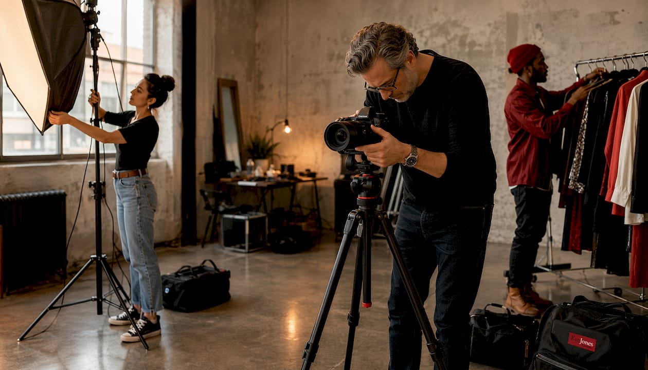 Photography production crew preparing for a shoot in studio