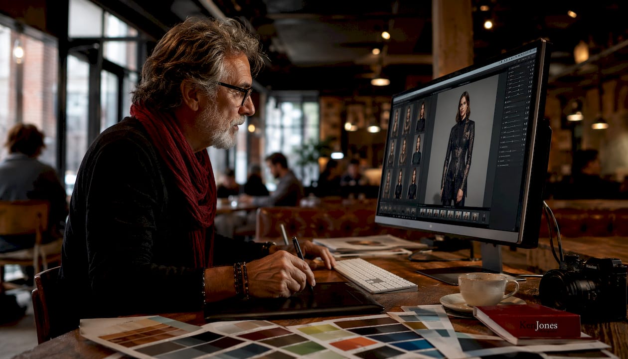 Photographer editing digital images in professional suite