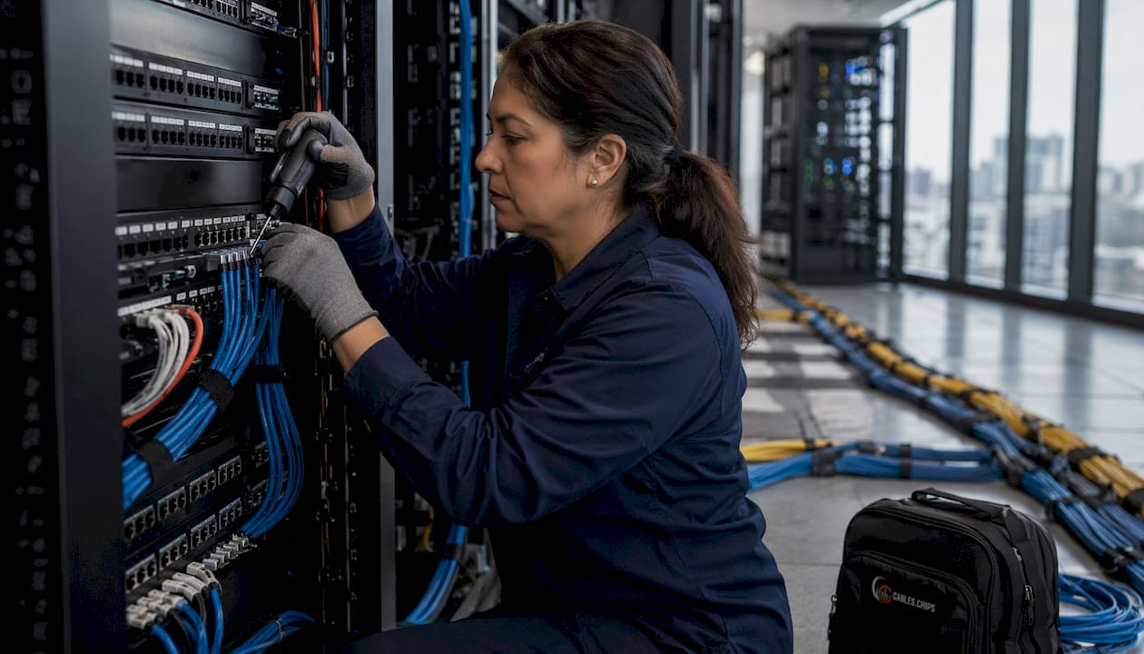 Engineer terminating Cat6 cables in patch panel