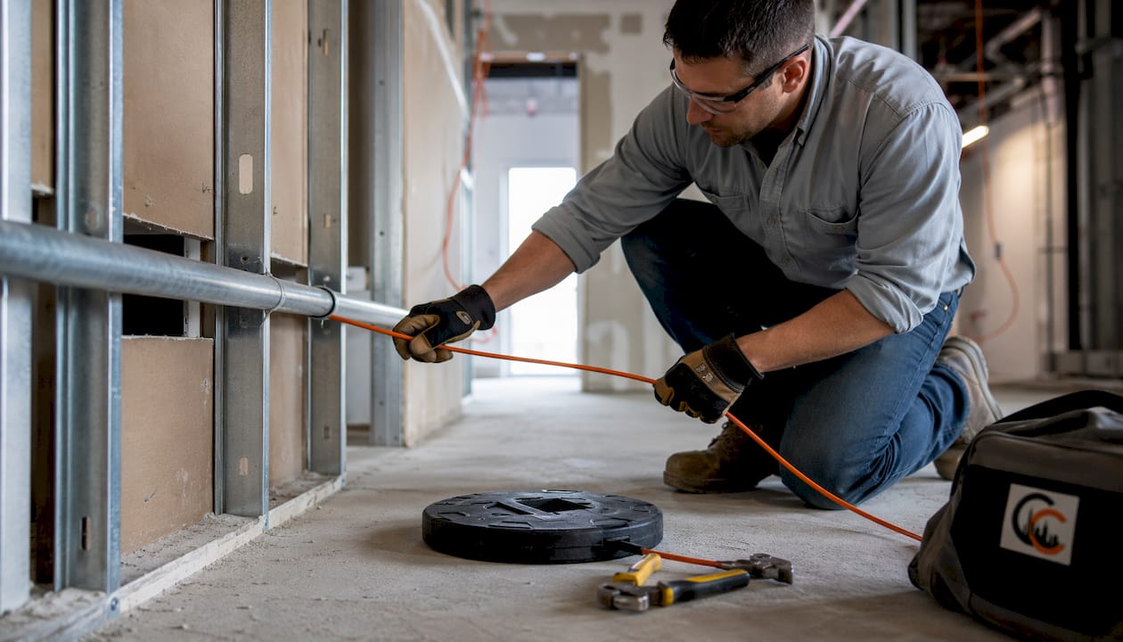 Hands pulling Cat6 cable through conduit in wall
