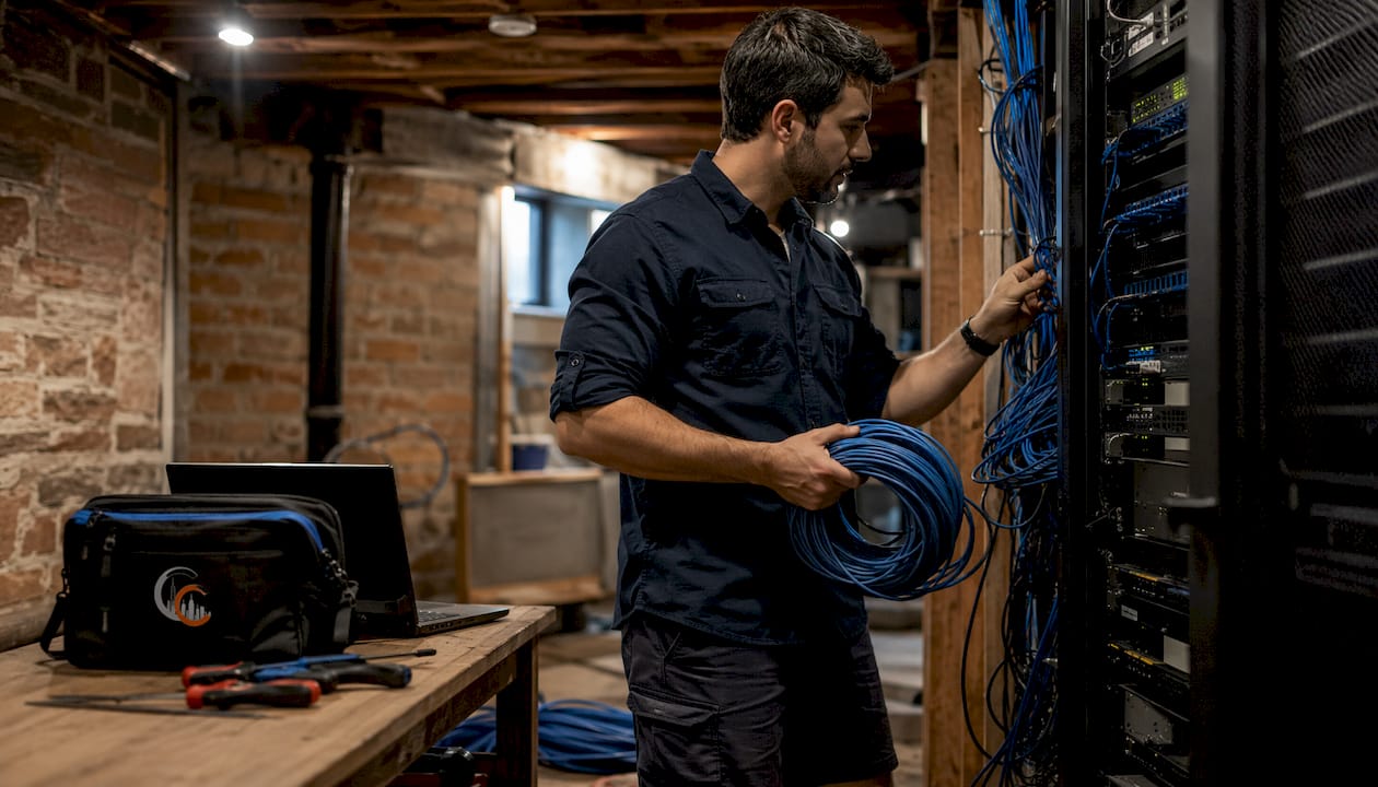 Technician holding Cat6 cable in server room