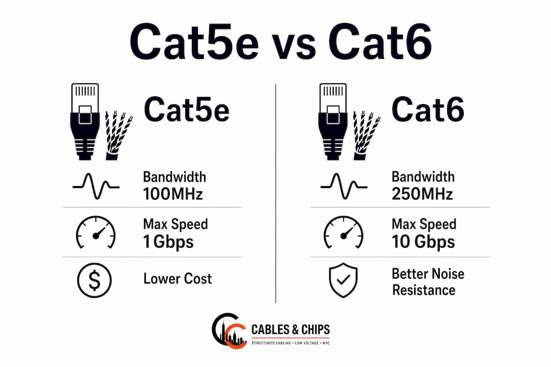 Infographic comparing Cat5e and Cat6 cable features
