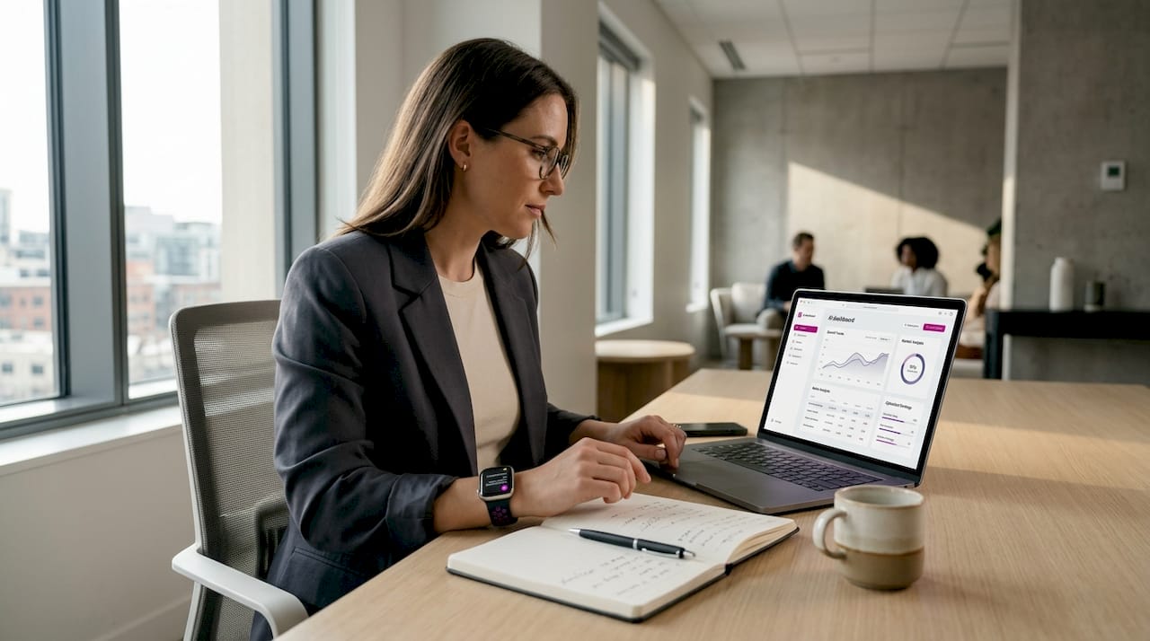 Entrepreneur reviewing AI dashboard at home office