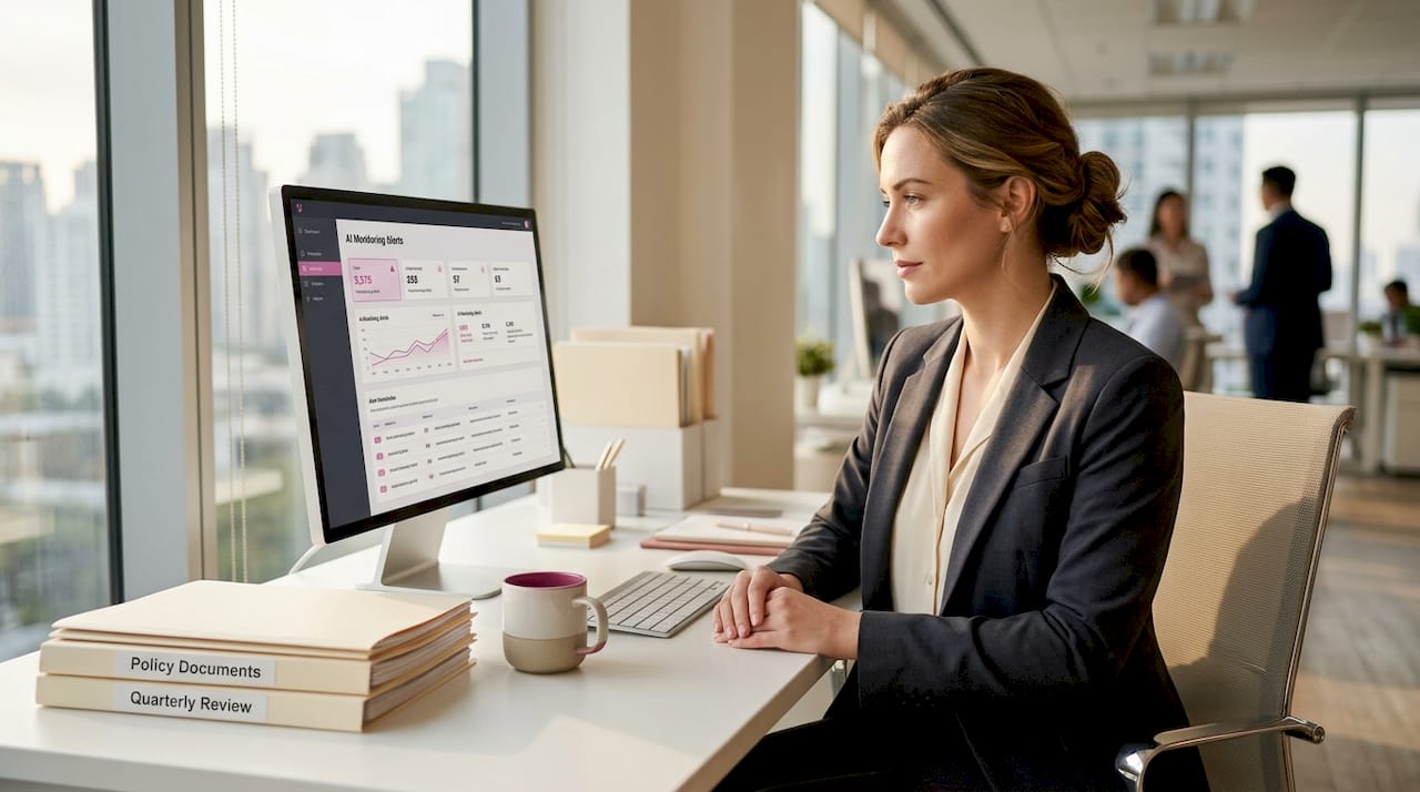 Compliance officer reviews AI monitoring reports at desk