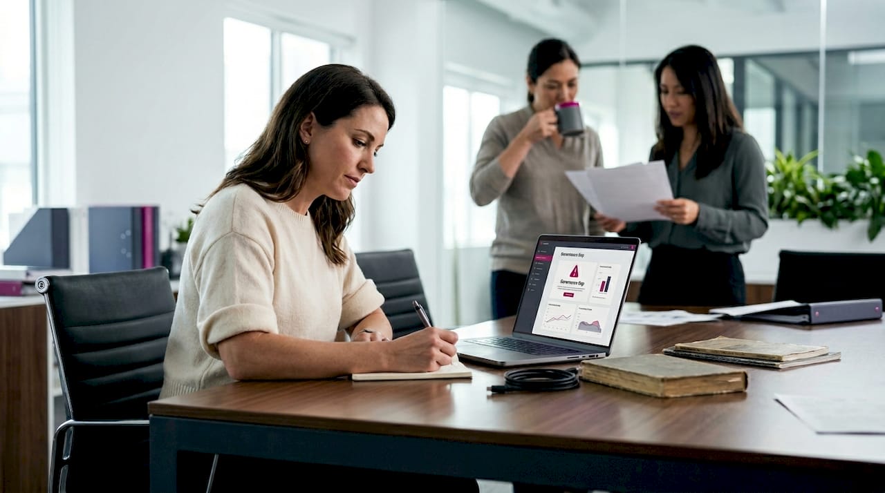 Financial analyst notes AI governance gap at office table
