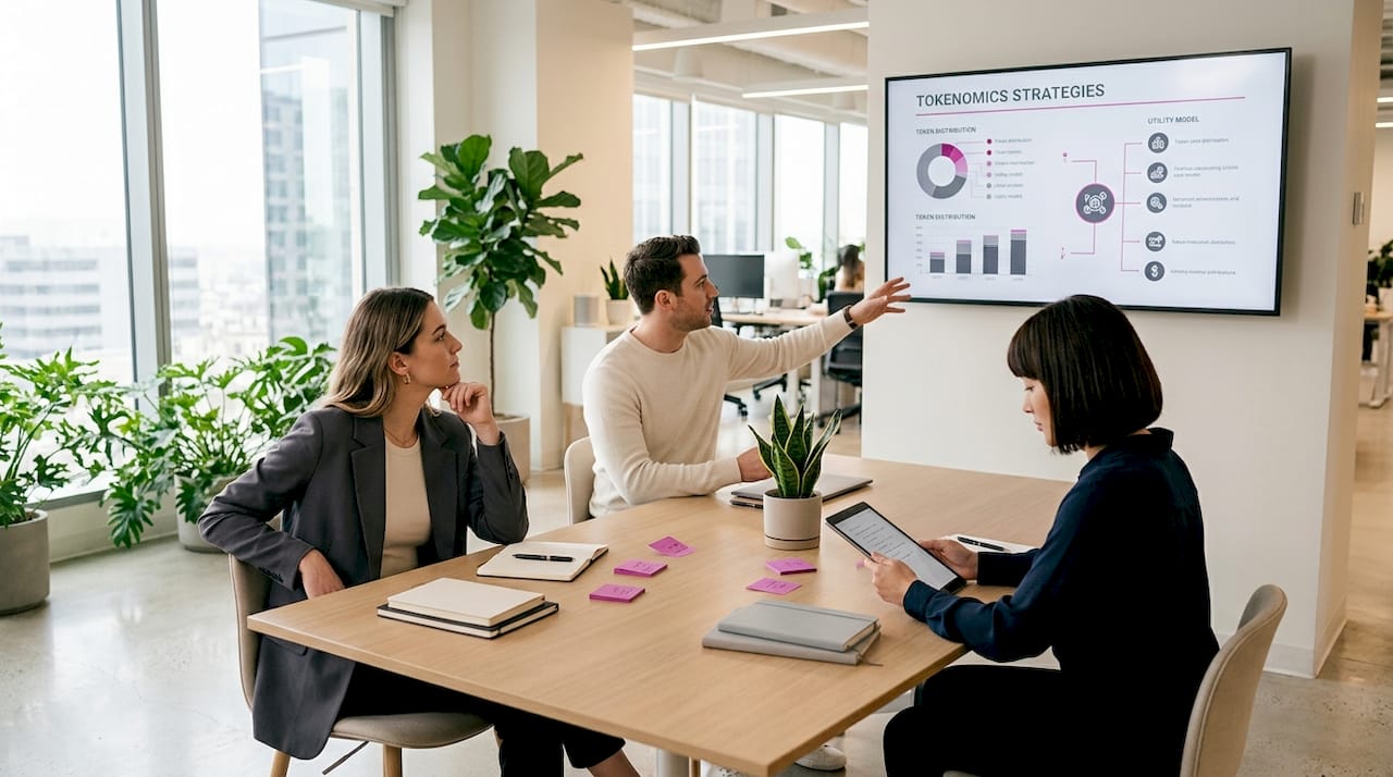 Startup team discussing tokenomics printout