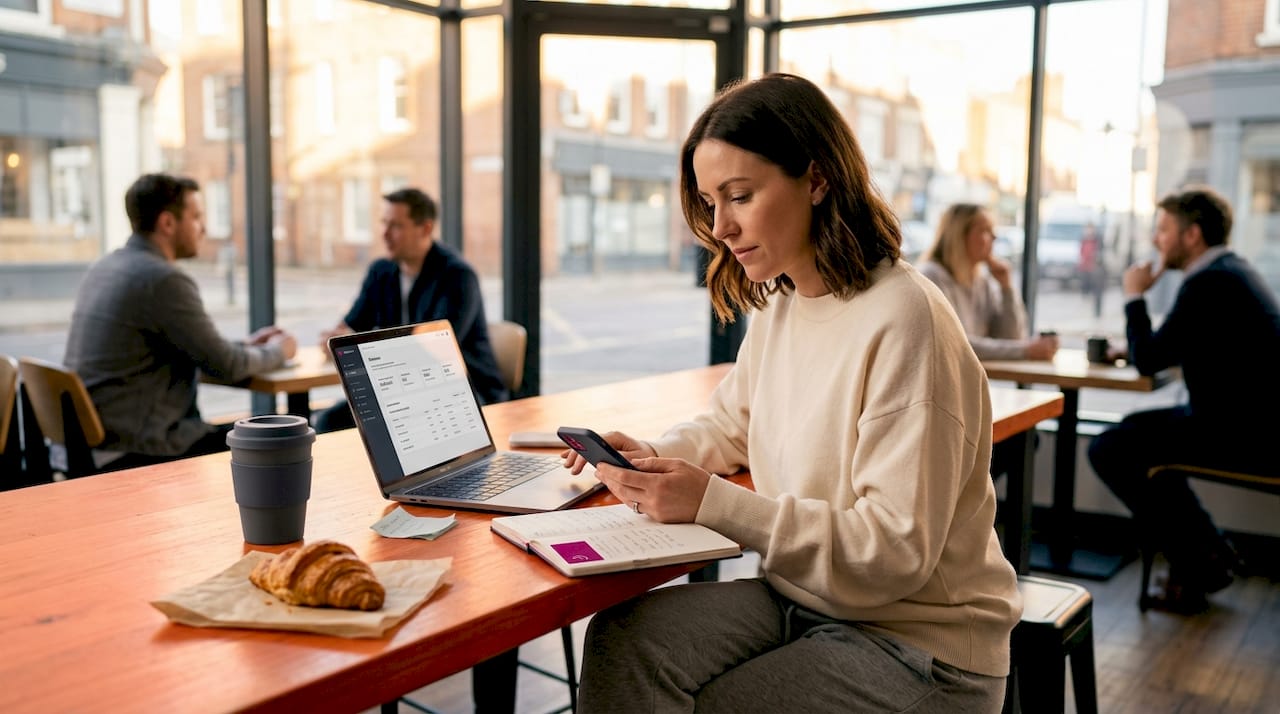 SME owner multitasking with AI tools in coworking space