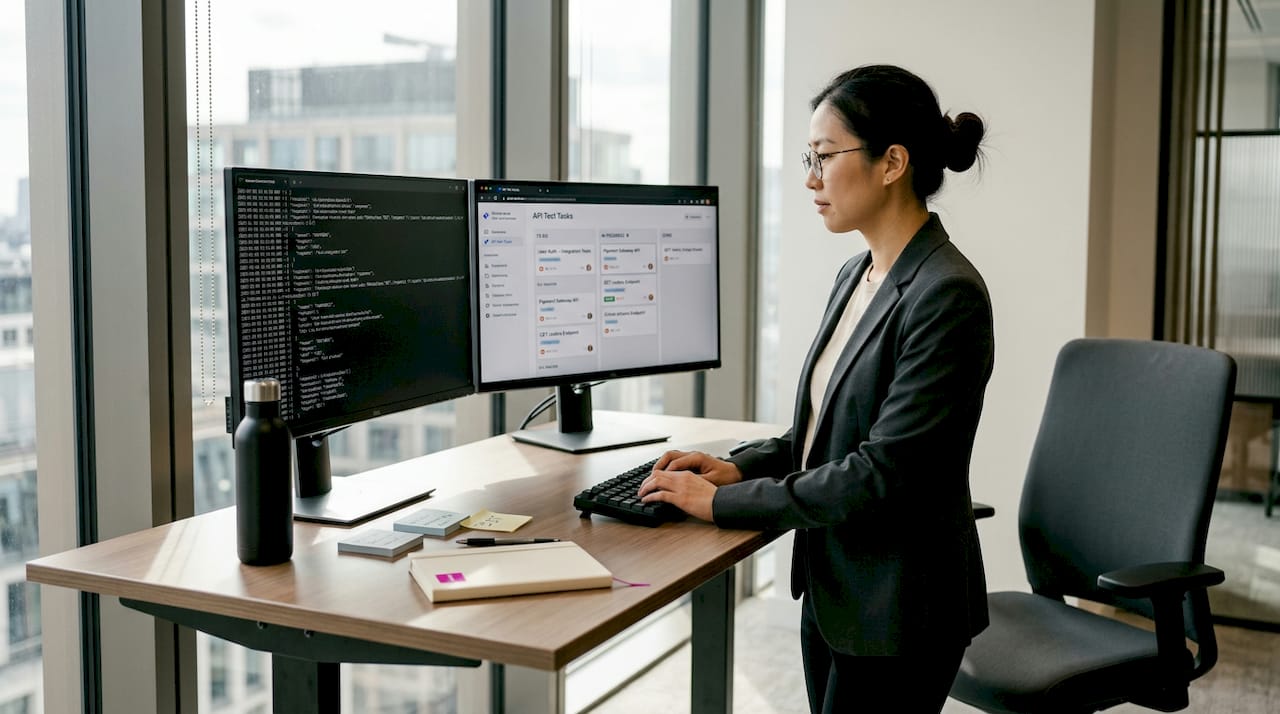 Engineer reviewing API test results in office