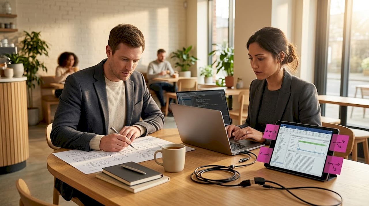 Engineers collaborating on agent orchestration workflow