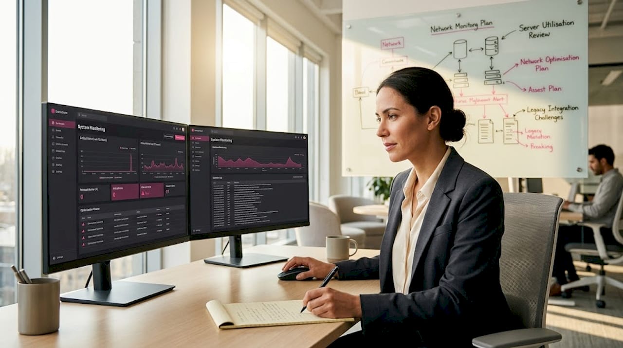 IT manager reviewing system alerts at SME office desk