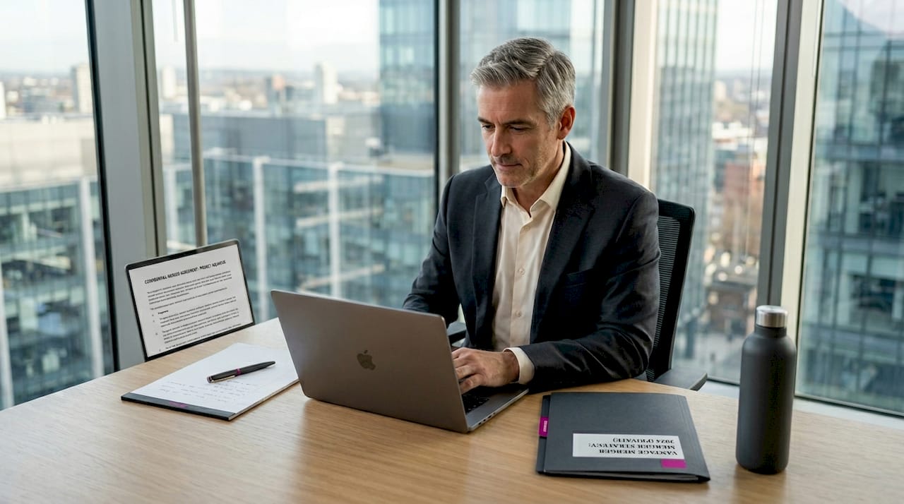 CFO reviewing MA documents in bright office