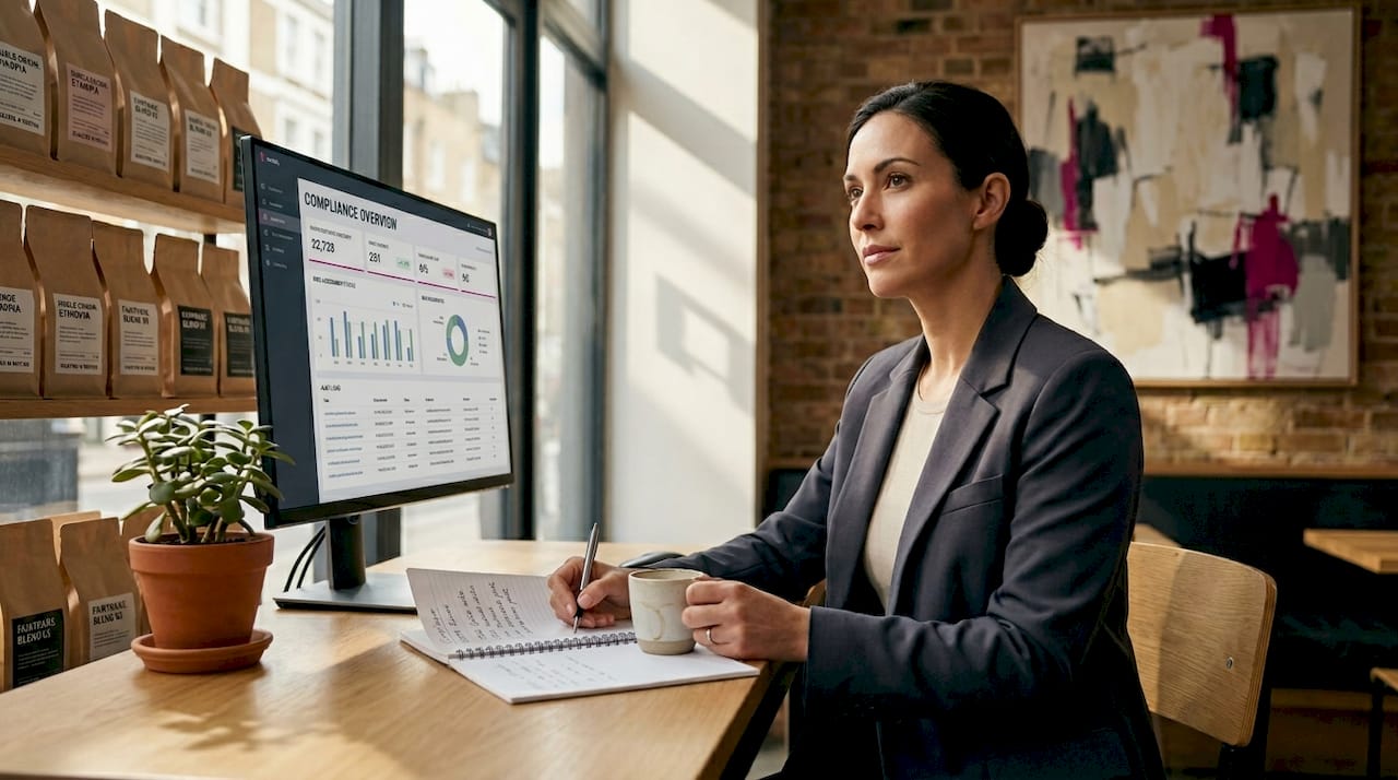 Practitioner at desk reviewing AI framework materials