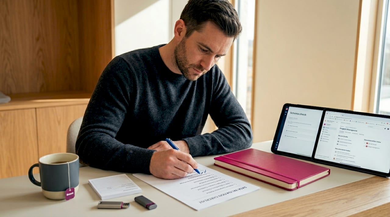 Engineer auditing data validation checklist at desk