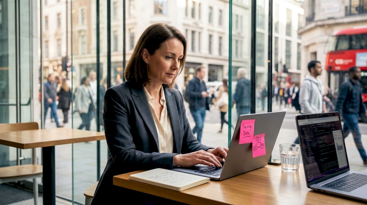 Data scientist working in corner office with laptop