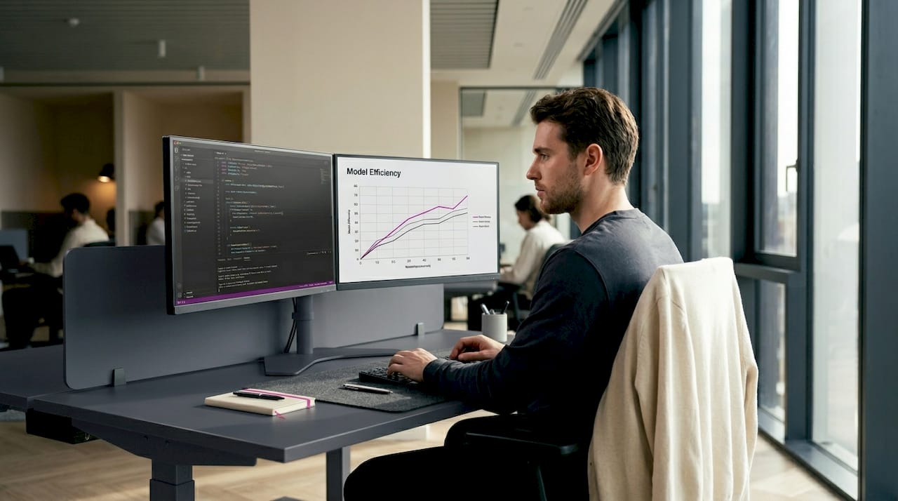 Engineer viewing AI model accuracy dashboard