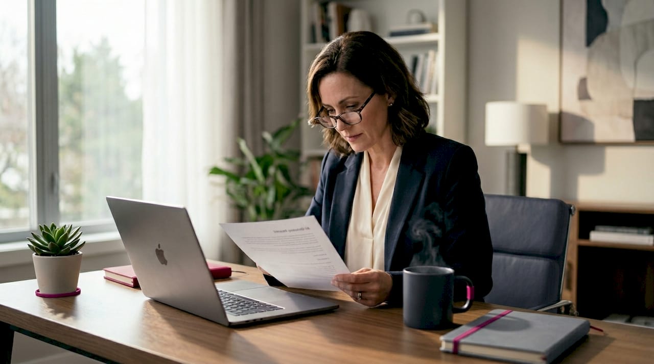 Professional woman reviewing AI report at desk