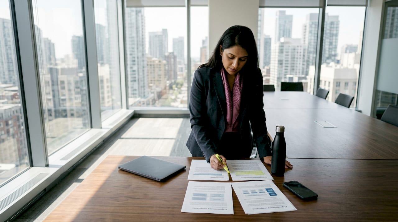 Woman reviewing AI governance documents in office