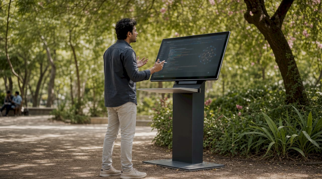 Engineer interacting with AI coding interface at desk