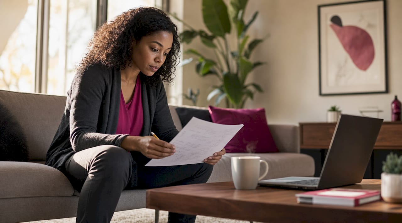 Developer reviewing software planning documents in home office