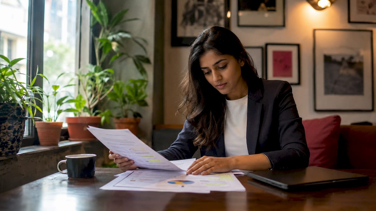 Founder reviewing board report documents at startup office