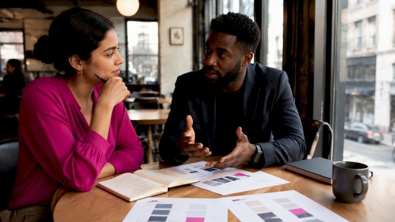 Two colleagues discussing AI prioritisation