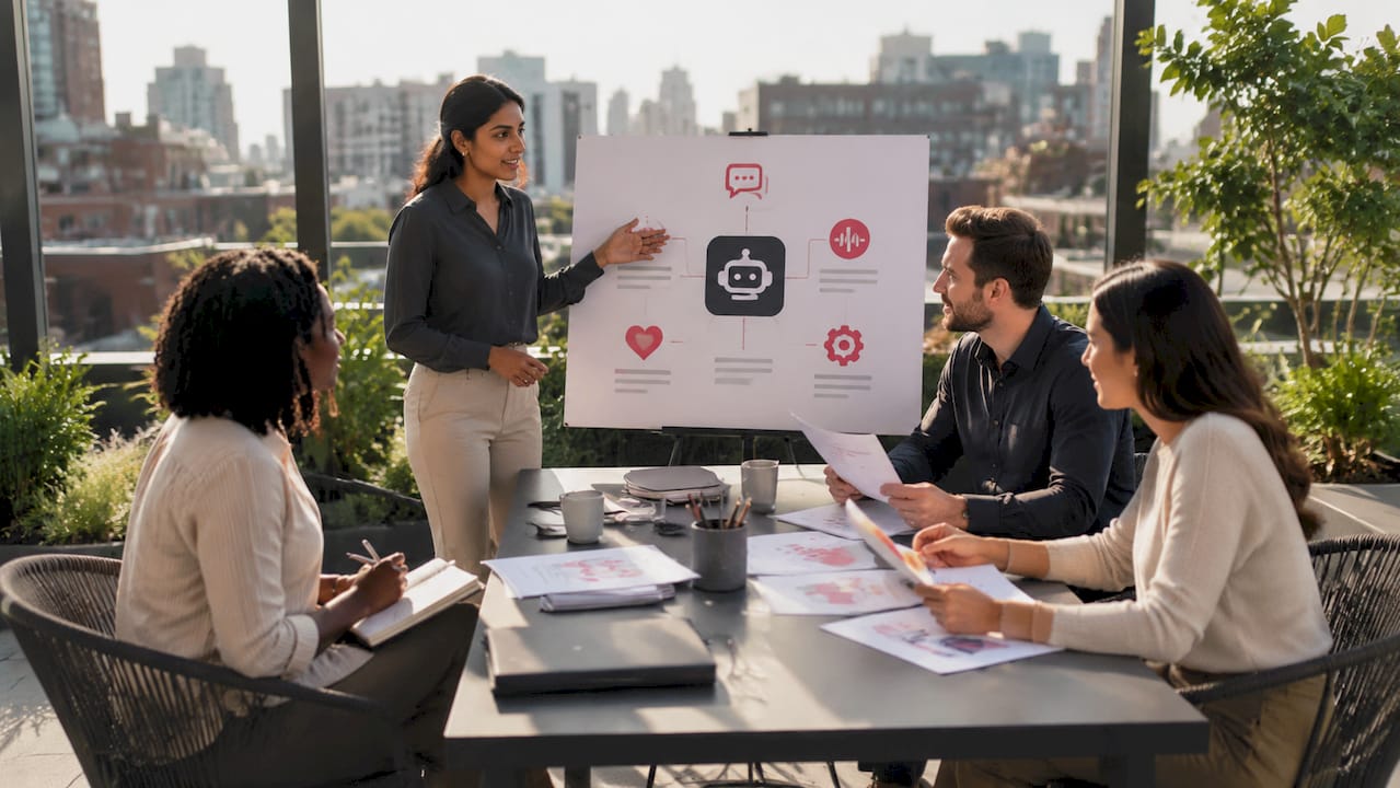 Close-up of team discussing AI agent and chatbot capabilities