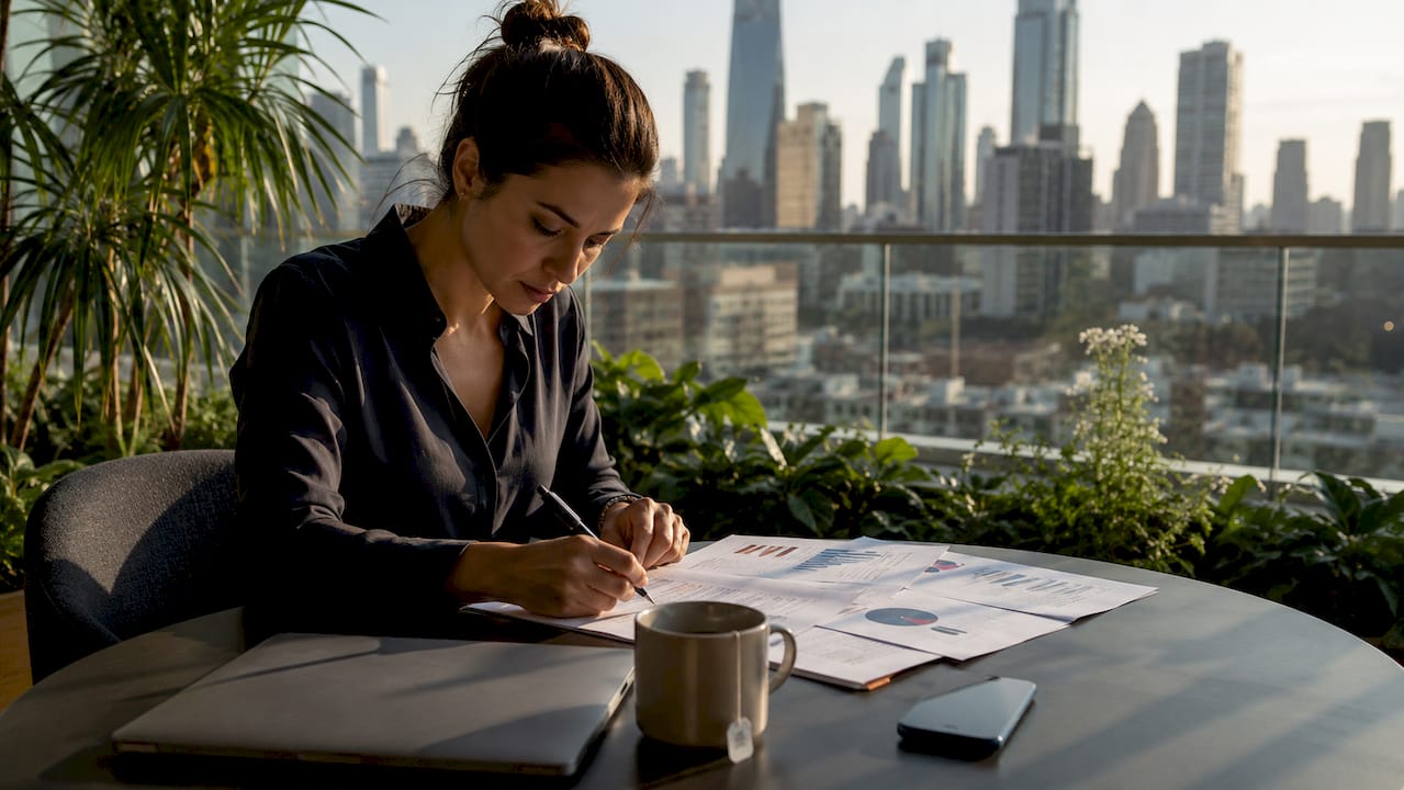 Entrepreneur reviewing tech exit documents at desk