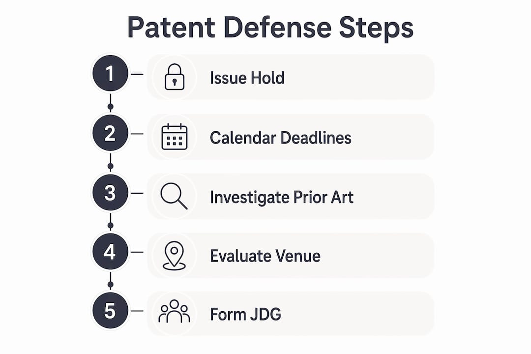 Infographic illustrating patent defense steps