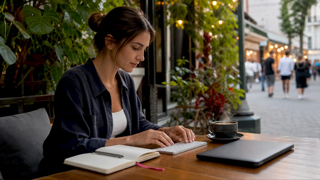 Hands poised over keyboard with notebook and laptop
