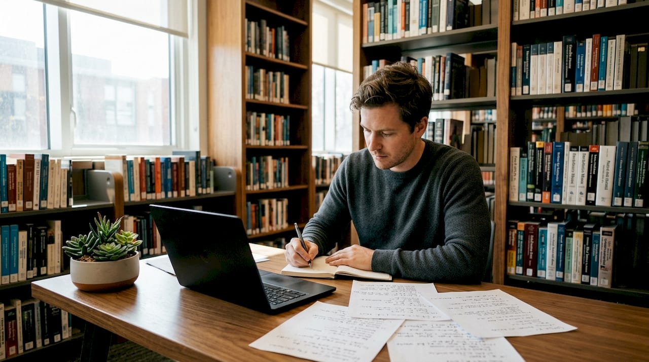 Data scientist writing notes in home office
