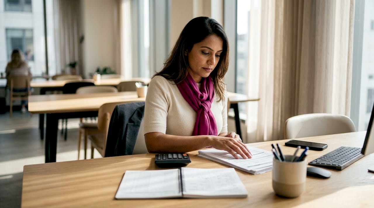 SME businesswoman reviewing outsourced finance documents