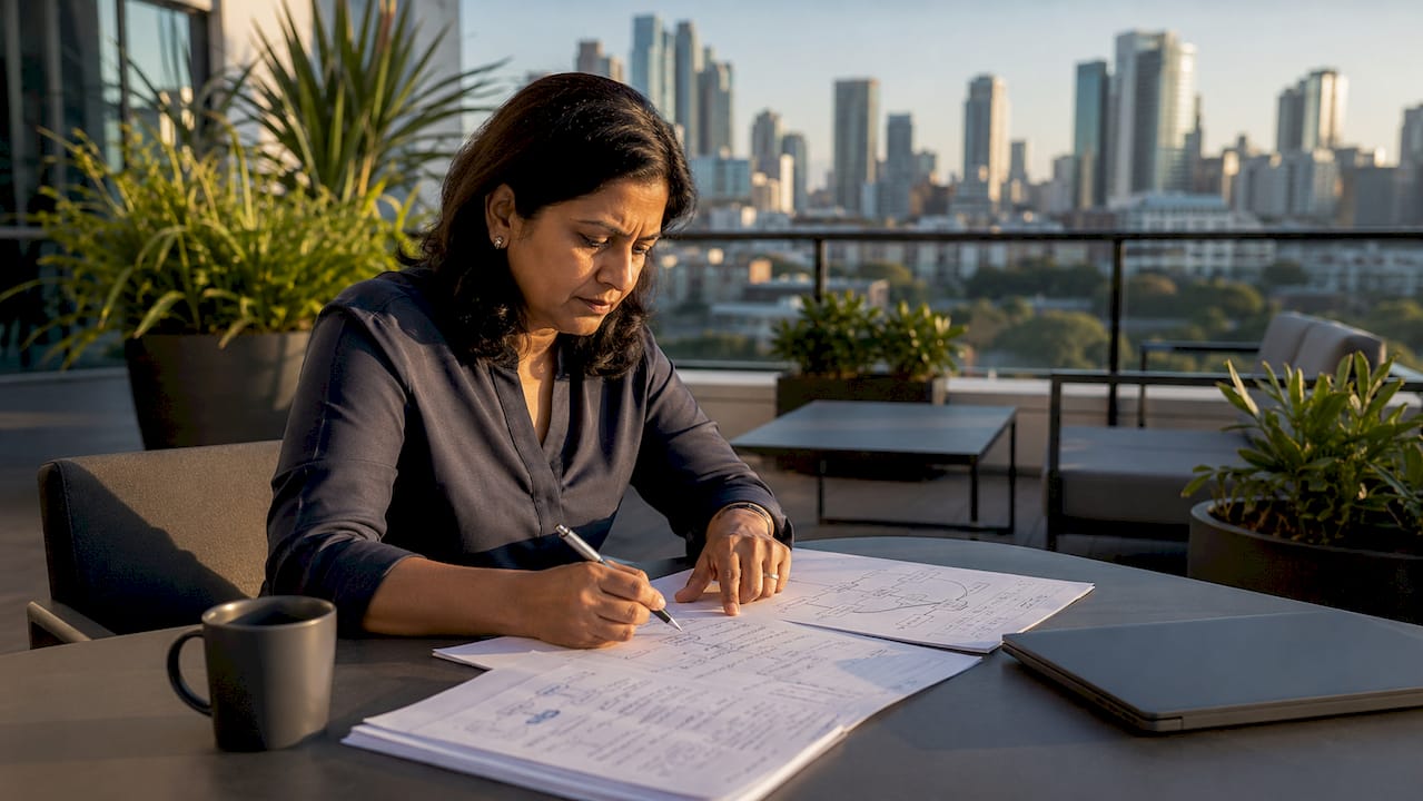 SME manager reviewing AI agent project documents