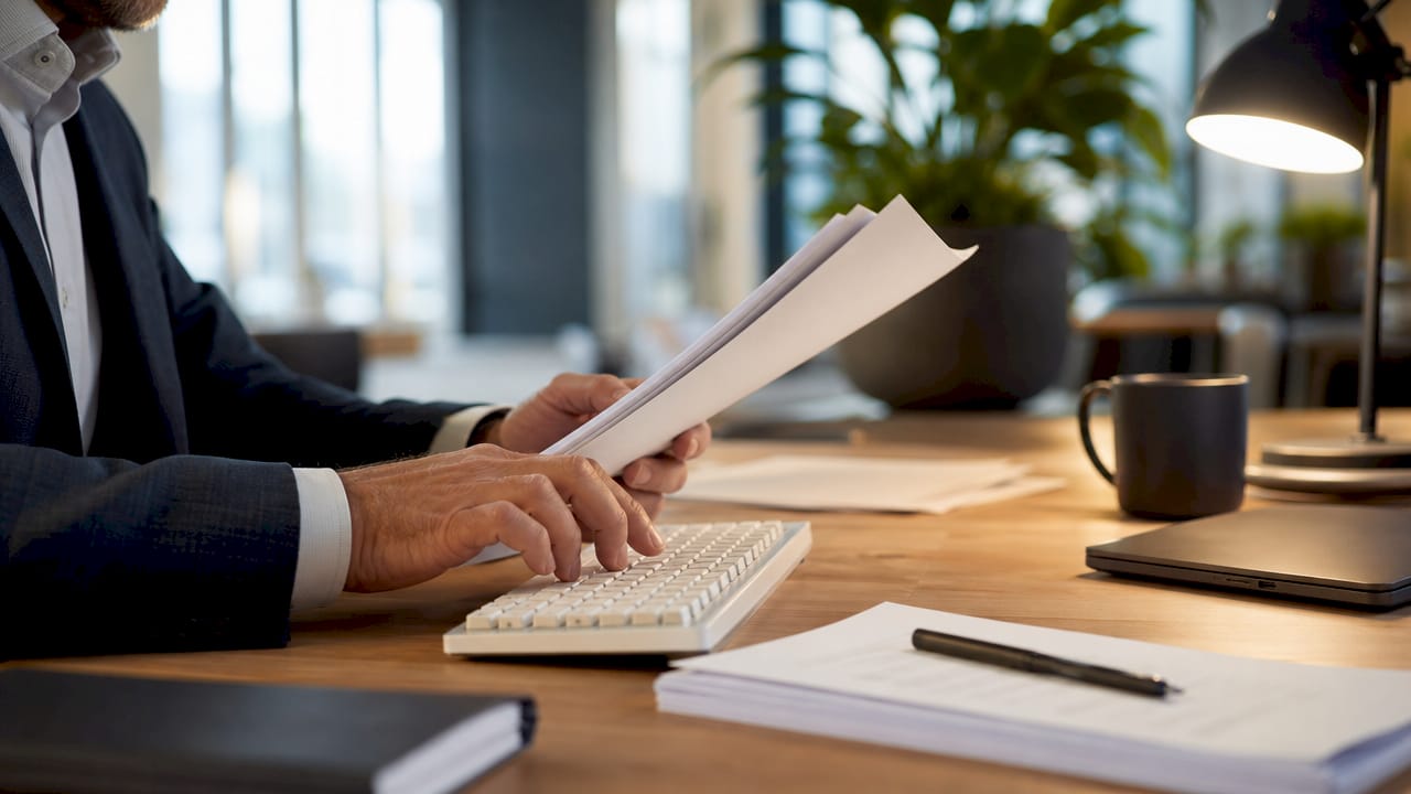 Hands processing invoices with keyboard close-up