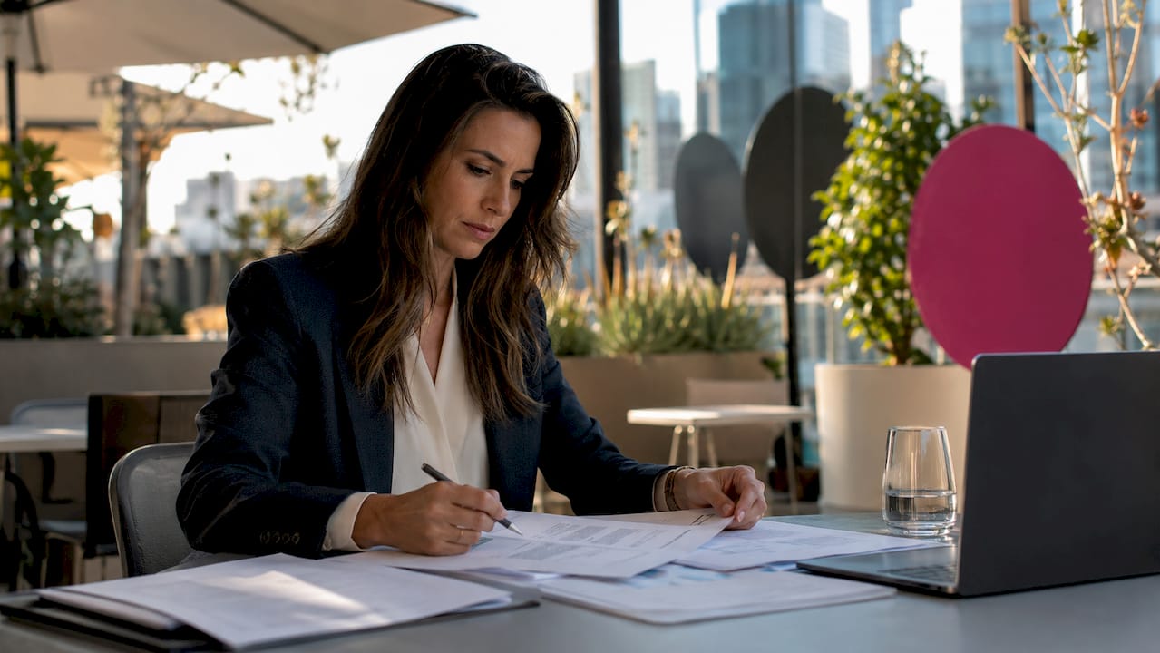Founder reviewing exit documents in co-working space