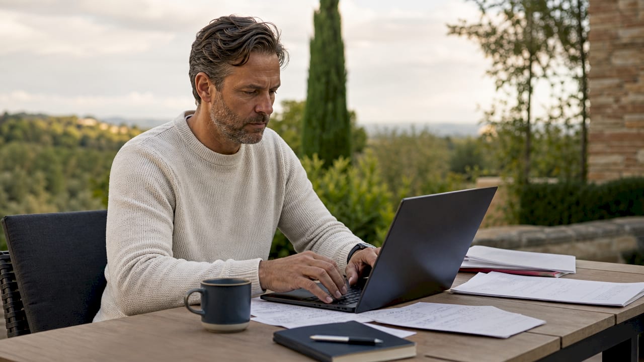 Entrepreneur researching exit methods at home kitchen