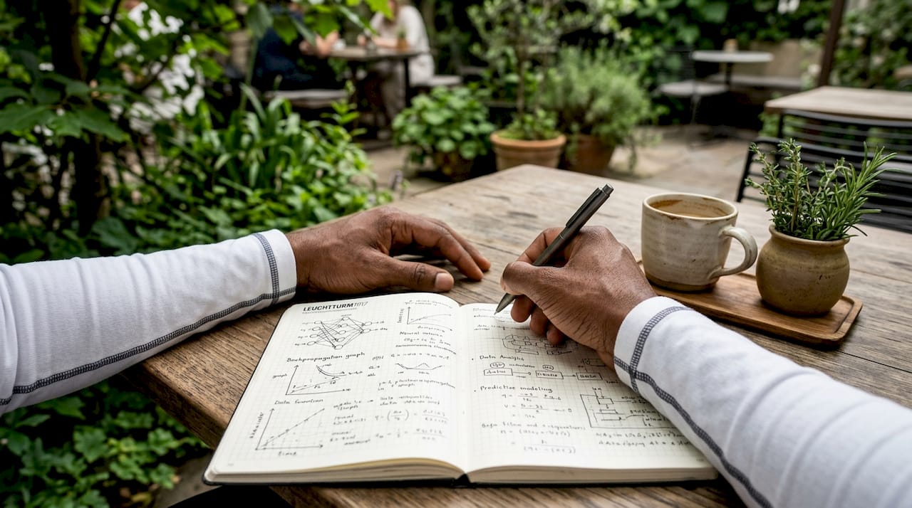Hands writing AI techniques notes in bright space