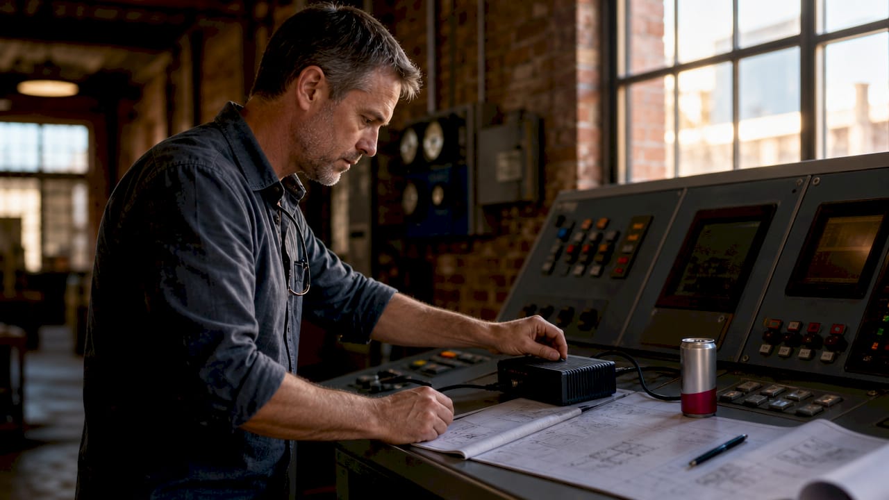Technician adjusting edge AI device in factory