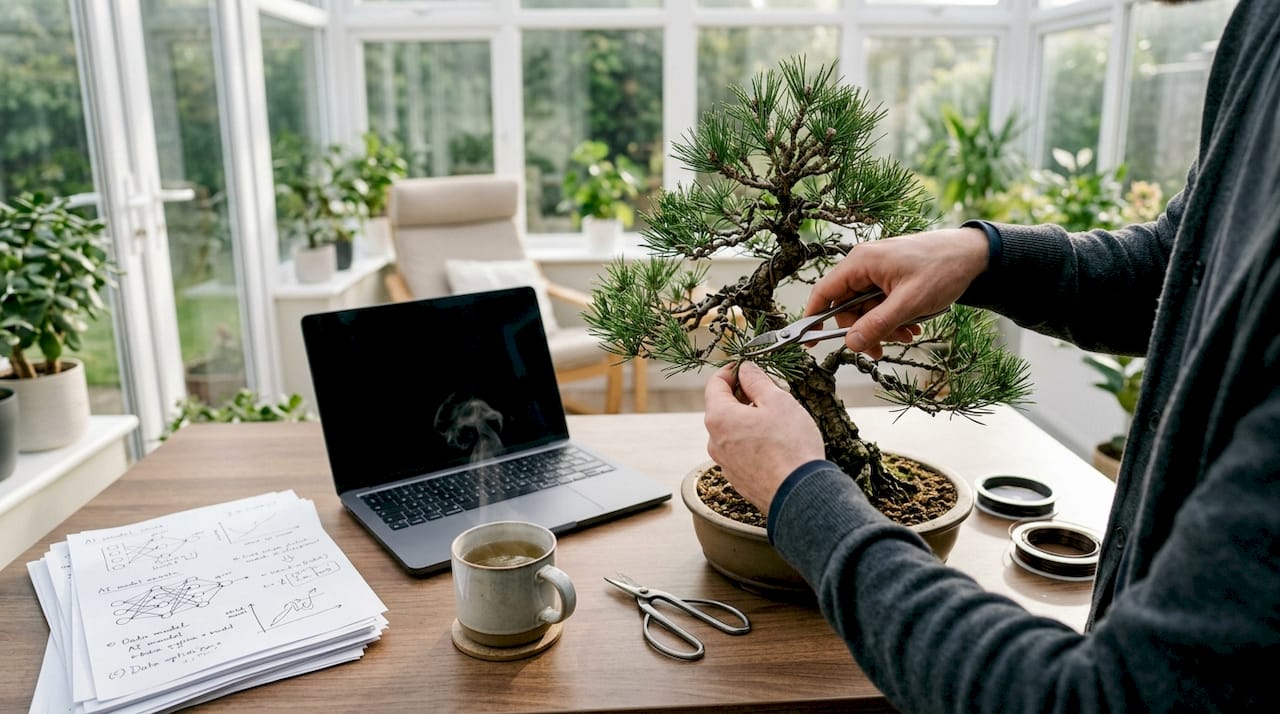 Hands pruning bonsai tree symbolizing AI model optimisation