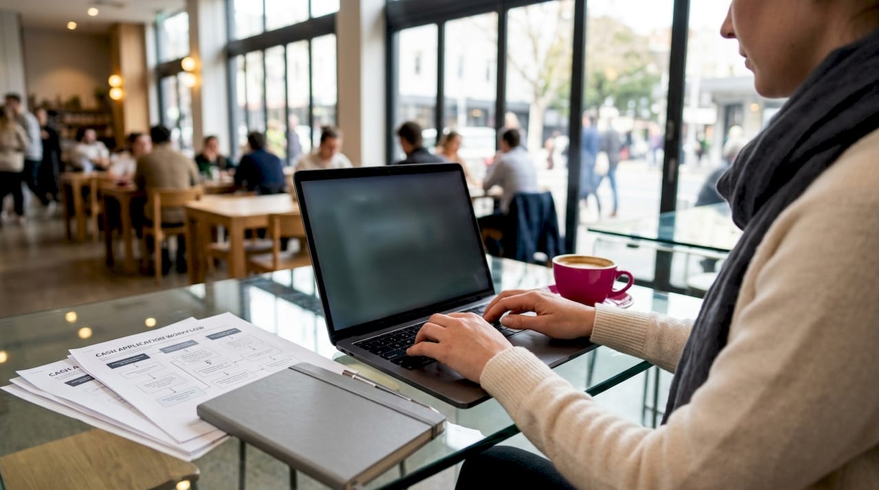 Hands typing cash application data on laptop