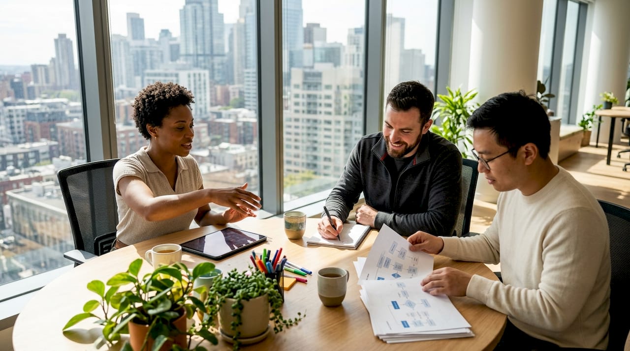 Team discussing AI orchestration layer in office conference room
