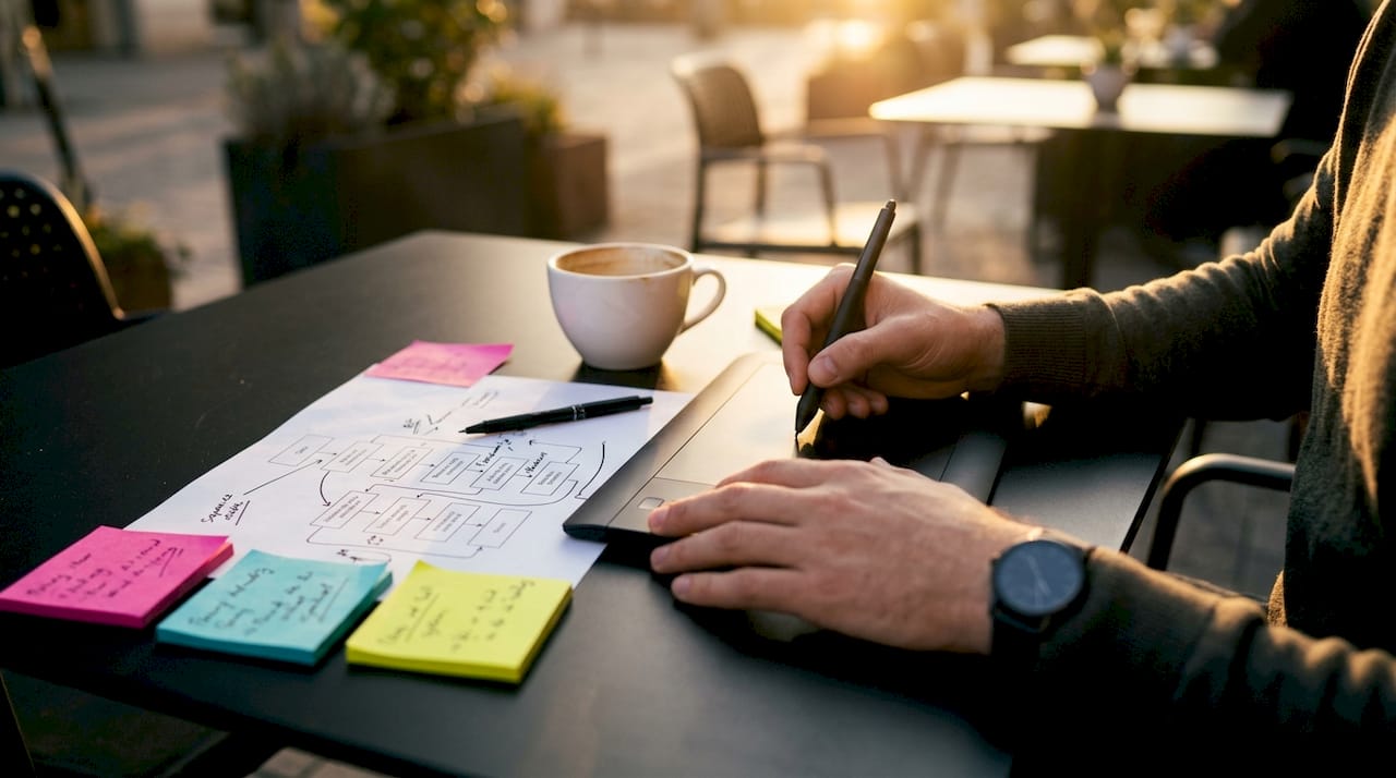 Hands working on AI tool-calling flowchart