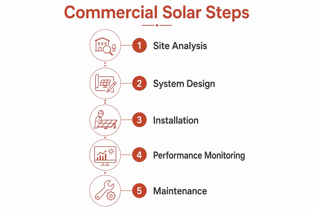 Infographic with commercial solar system implementation steps