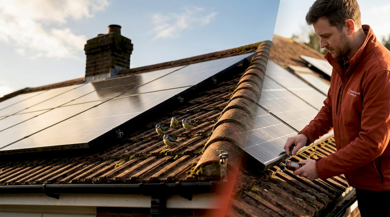 Sunlit south-facing solar panels on house roof