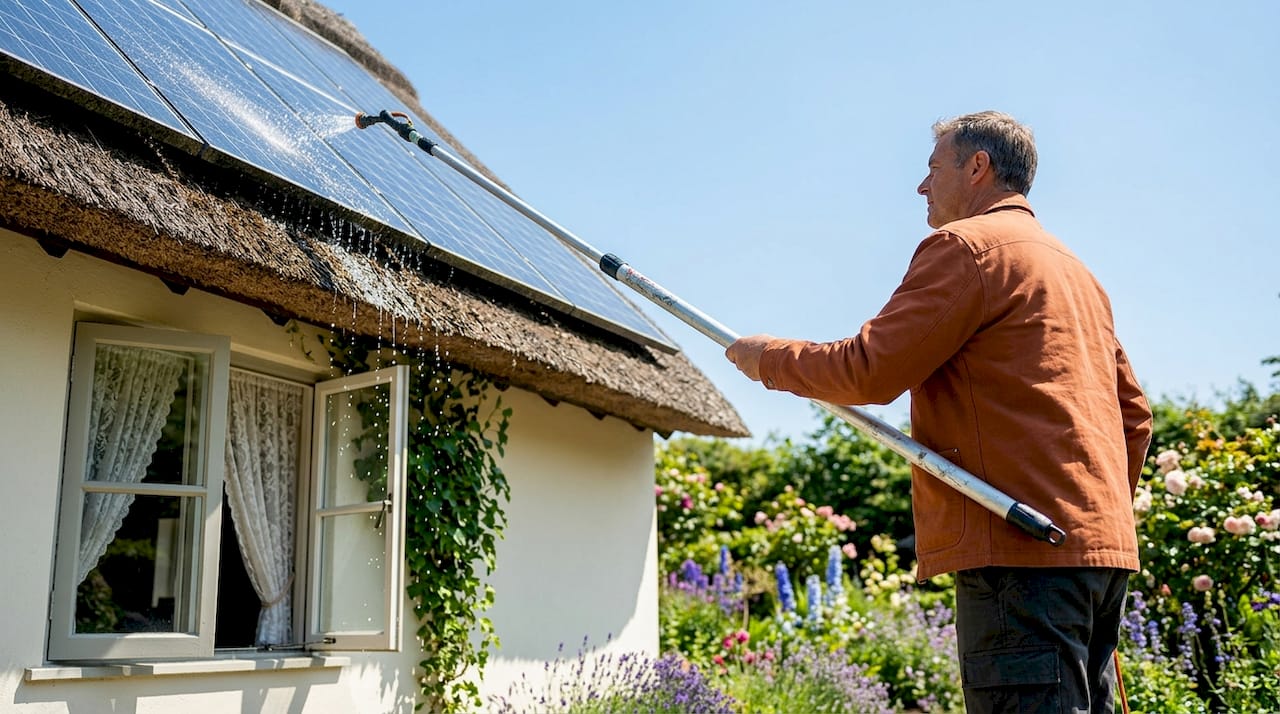 Homeowner cleaning solar panels with water-fed pole