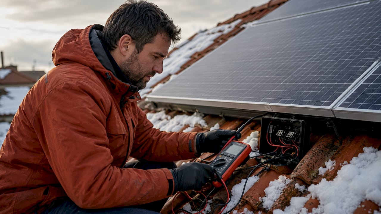 Technician measuring solar panel efficiency in cold weather