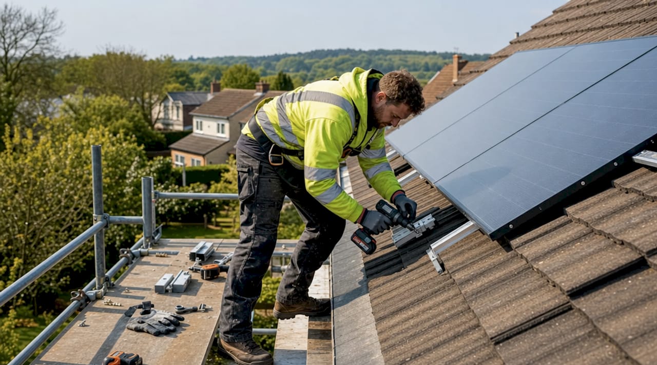 Installer securing solar panels on roof