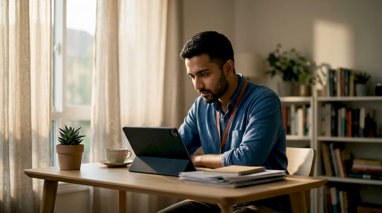 Man reviewing solar energy data at kitchen table